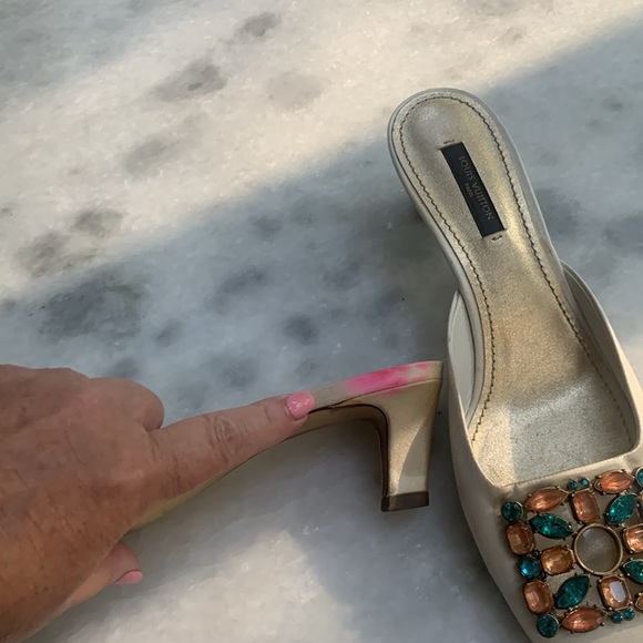 Louis Vuitton Vintage Kitten Heel Satin Jeweled Mules -Adorable. Flaw - Picture 8 of 13